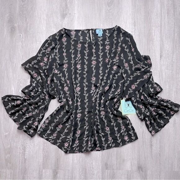 Black Ruffle Sleeve Top L - Picture 1 of 6